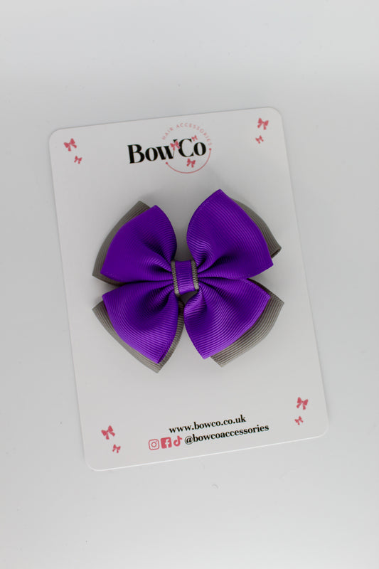 Purple and Metal Grey - Layer Edge Bow - Clip