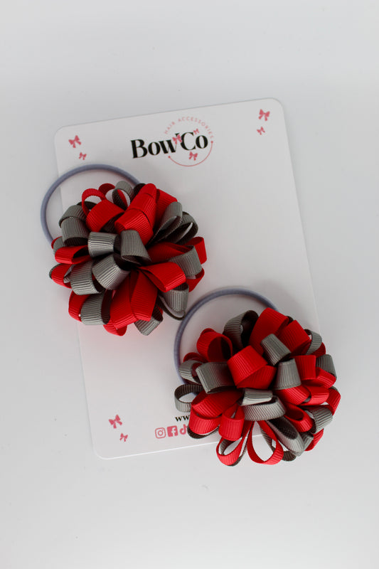 Pom Pom Bow Set - Red and Metal Grey