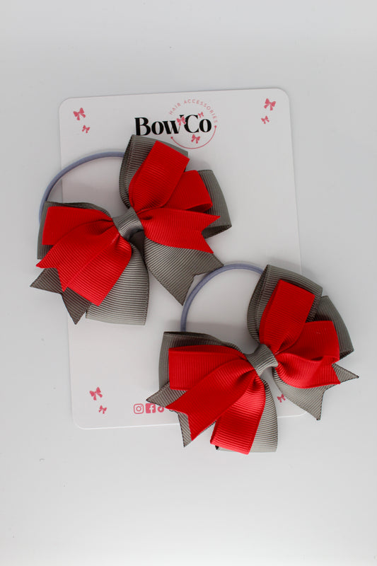 Double Tail Bow - Elastic - Red and Metal Grey