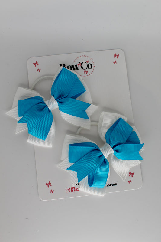3 Inch Double Tail Bow - Elastic Bobble - 2 Pack - Turquoise and White