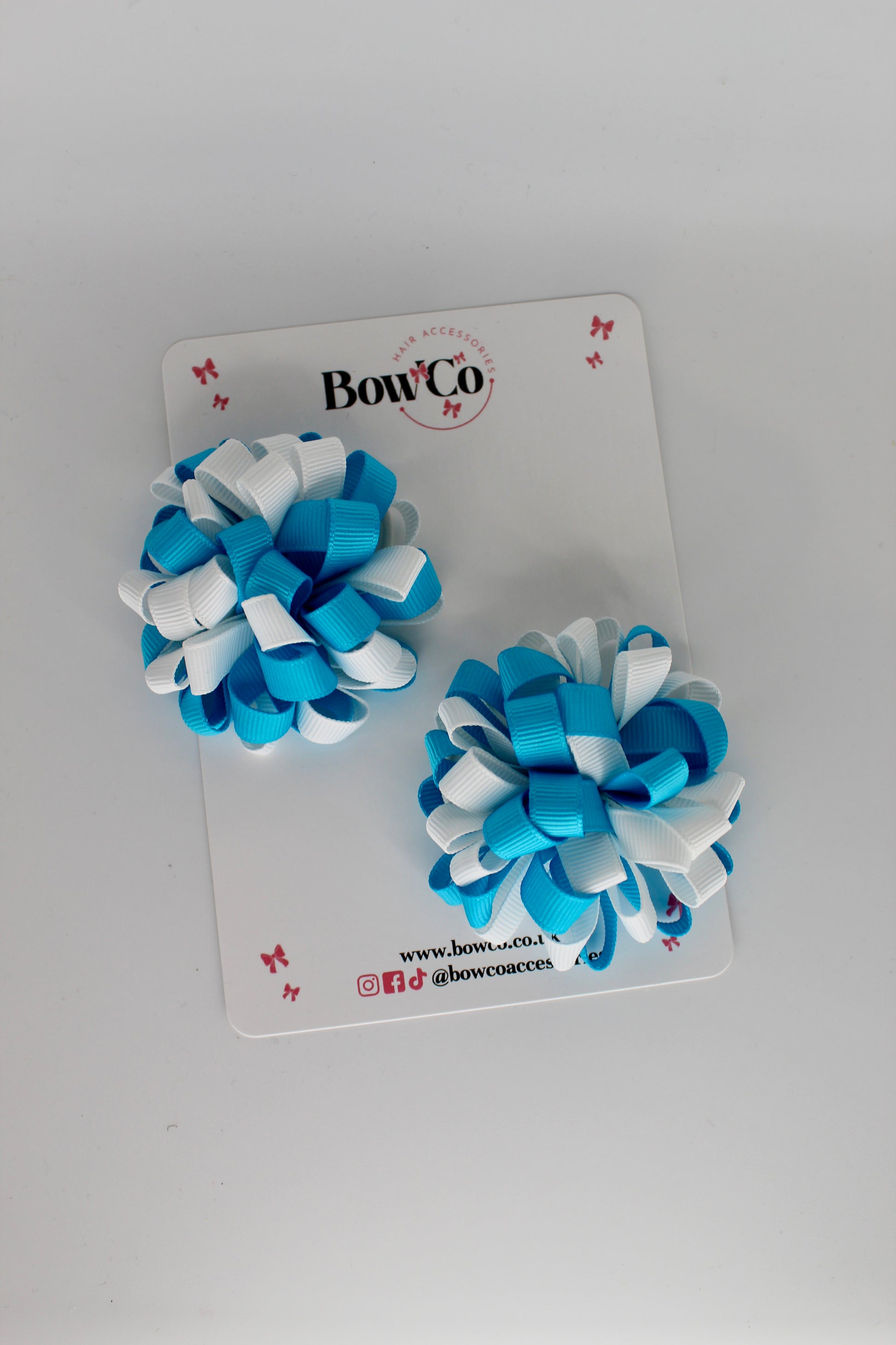 Pom Pom Bow Set - Turquoise and White