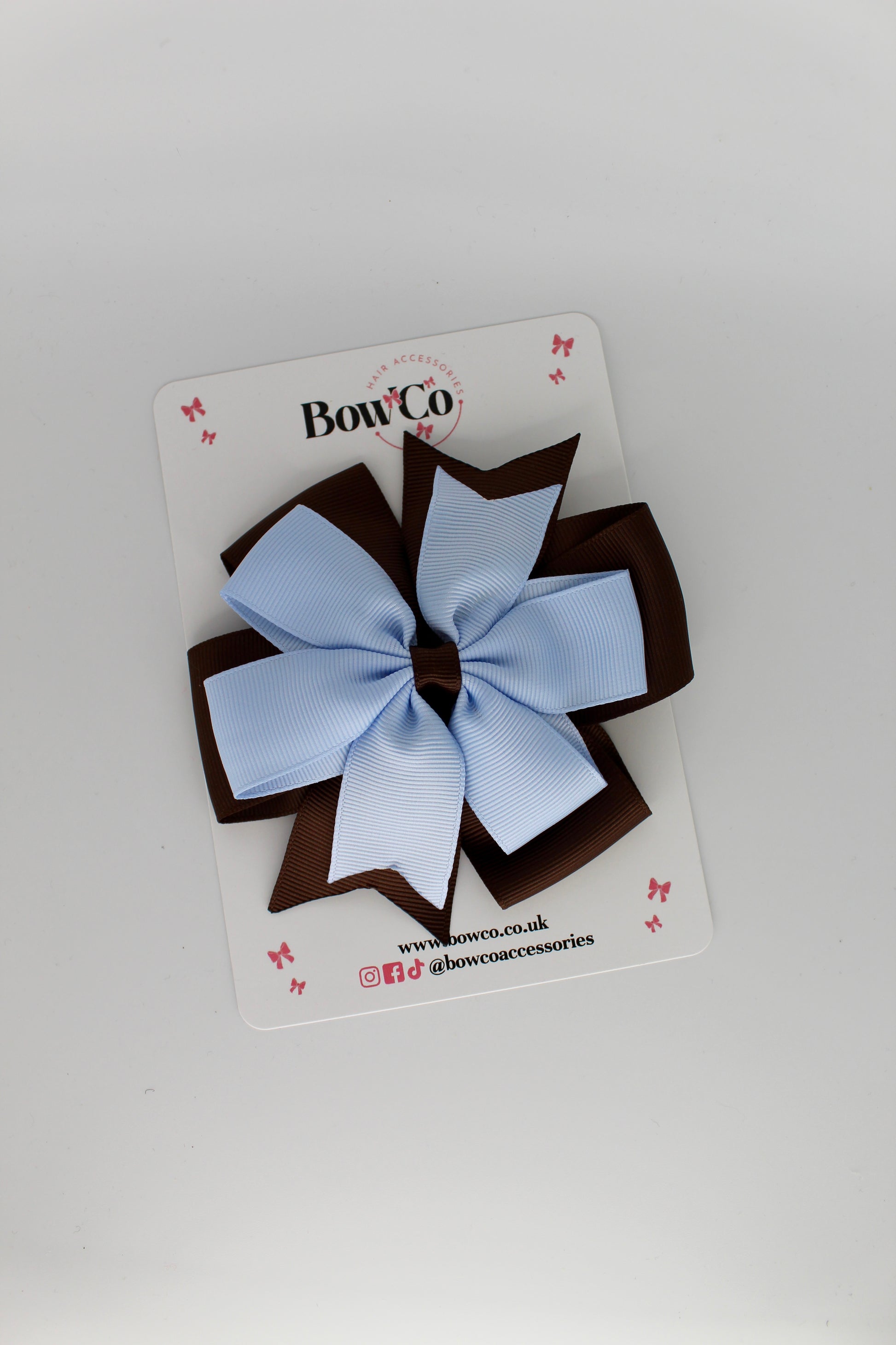 Pinwheel Bow Clip - Bluebell and Brown