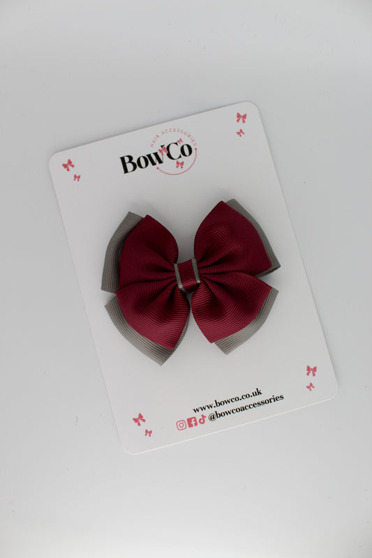 Layer Edge Bow - Clip - Burgundy and Metal Grey