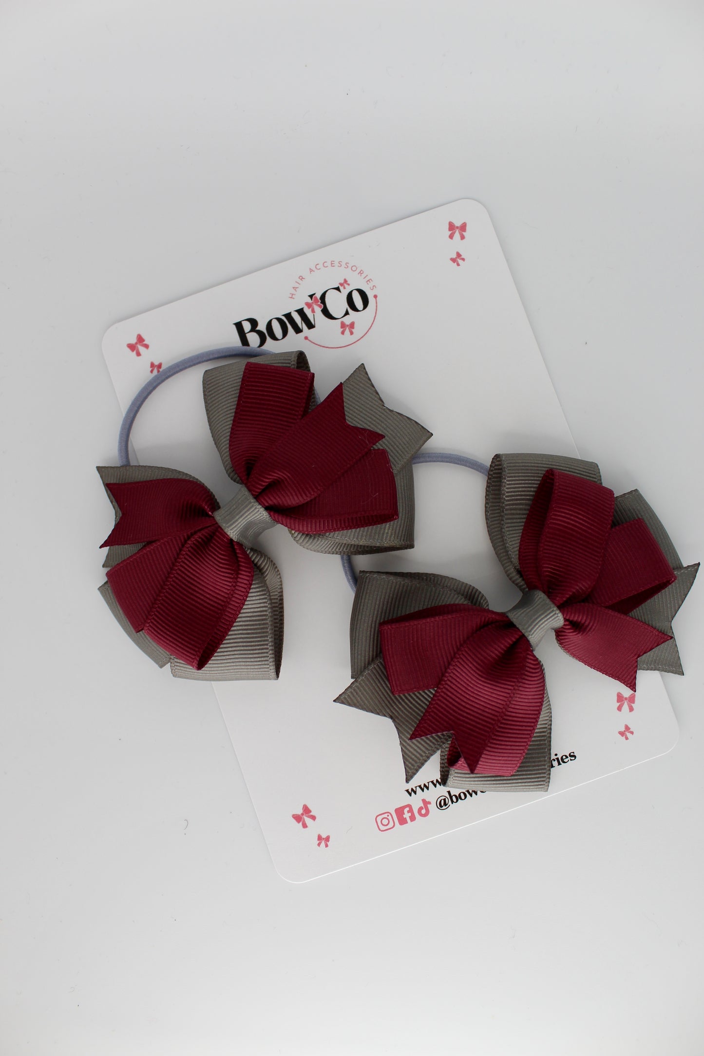 Double Tail Bow Set - Elastic - Burgundy and Metal Grey