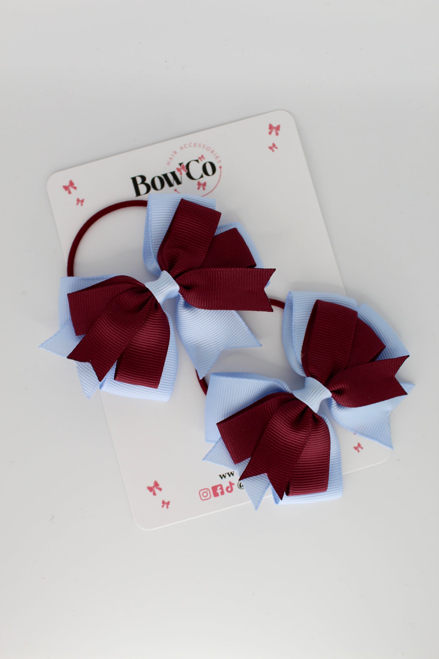 Double Tail Bow Set - Elastic - Burgundy and Bluebell