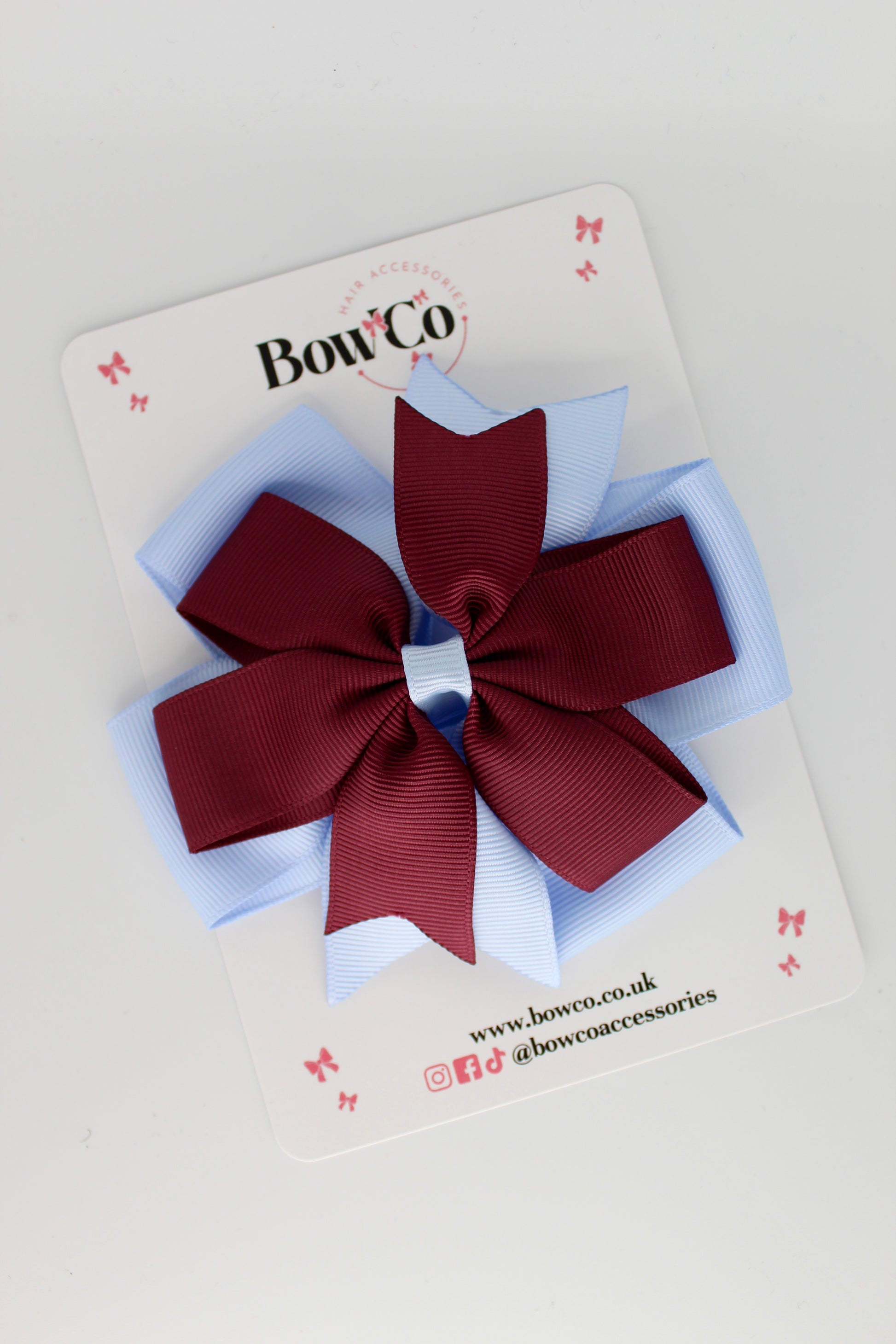 Pinwheel Bow Clip - Burgundy and Bluebell