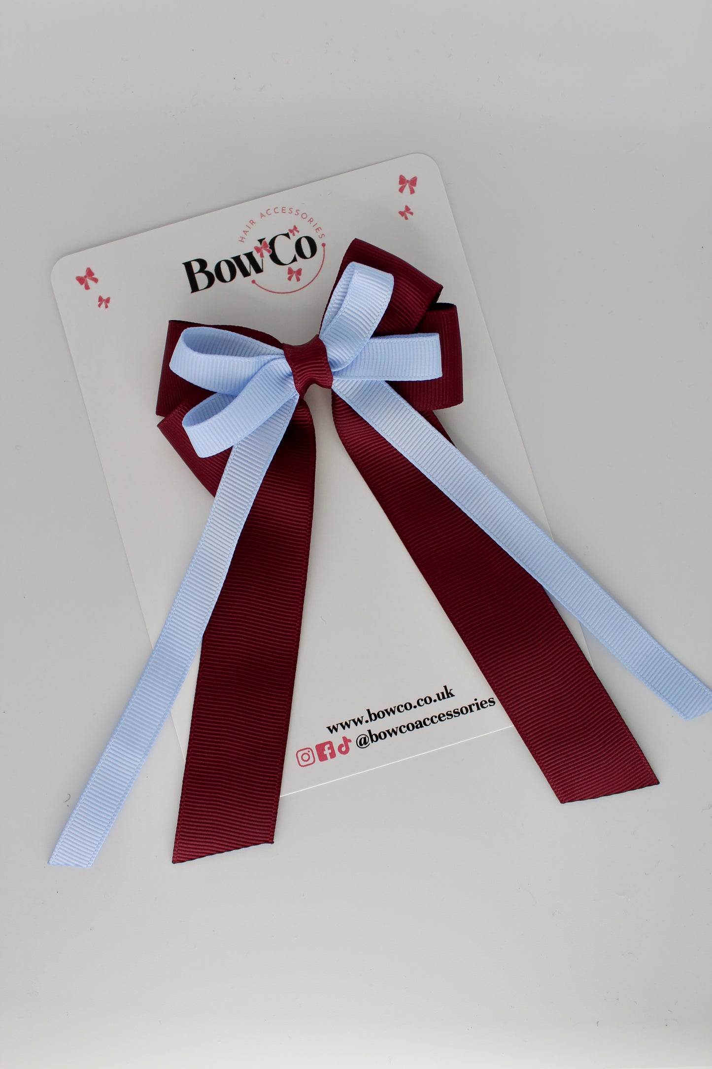 4 Inch Loop Bow Clip PonyTail - Burgundy and Bluebell