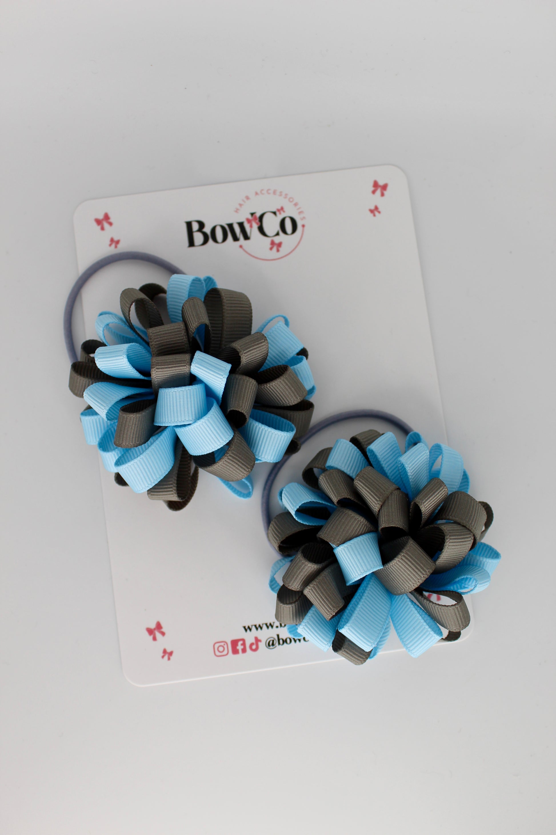 2.5 Inches Pom Pom Elastic Bobble - 2 Pack - Blue Topaz and Metal Grey