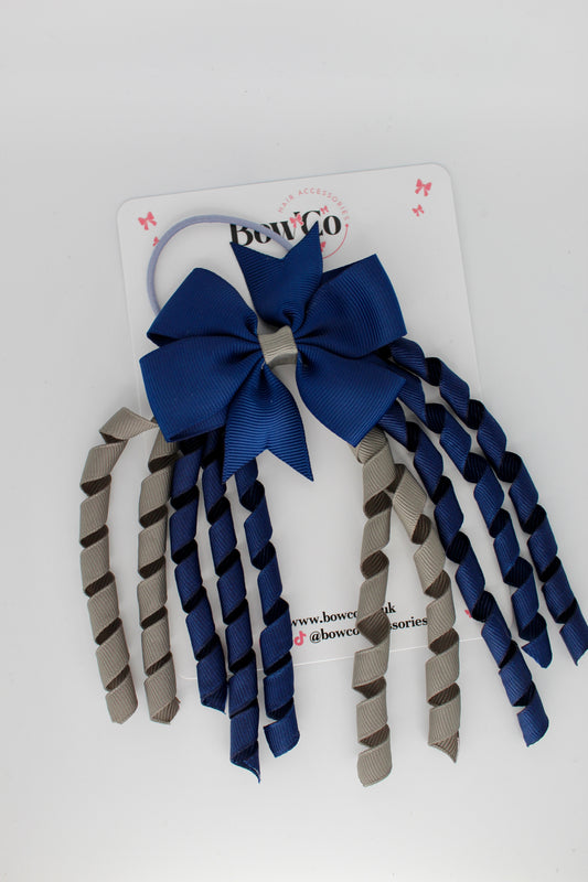 3 Inch Pinwheel Corker Bow - Elastic Bobble - Navy and Metal Grey