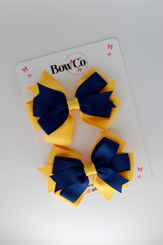 3 Inch Double Tail Bow - Clip - 2 Pack - Navy Blue and Yellow Gold