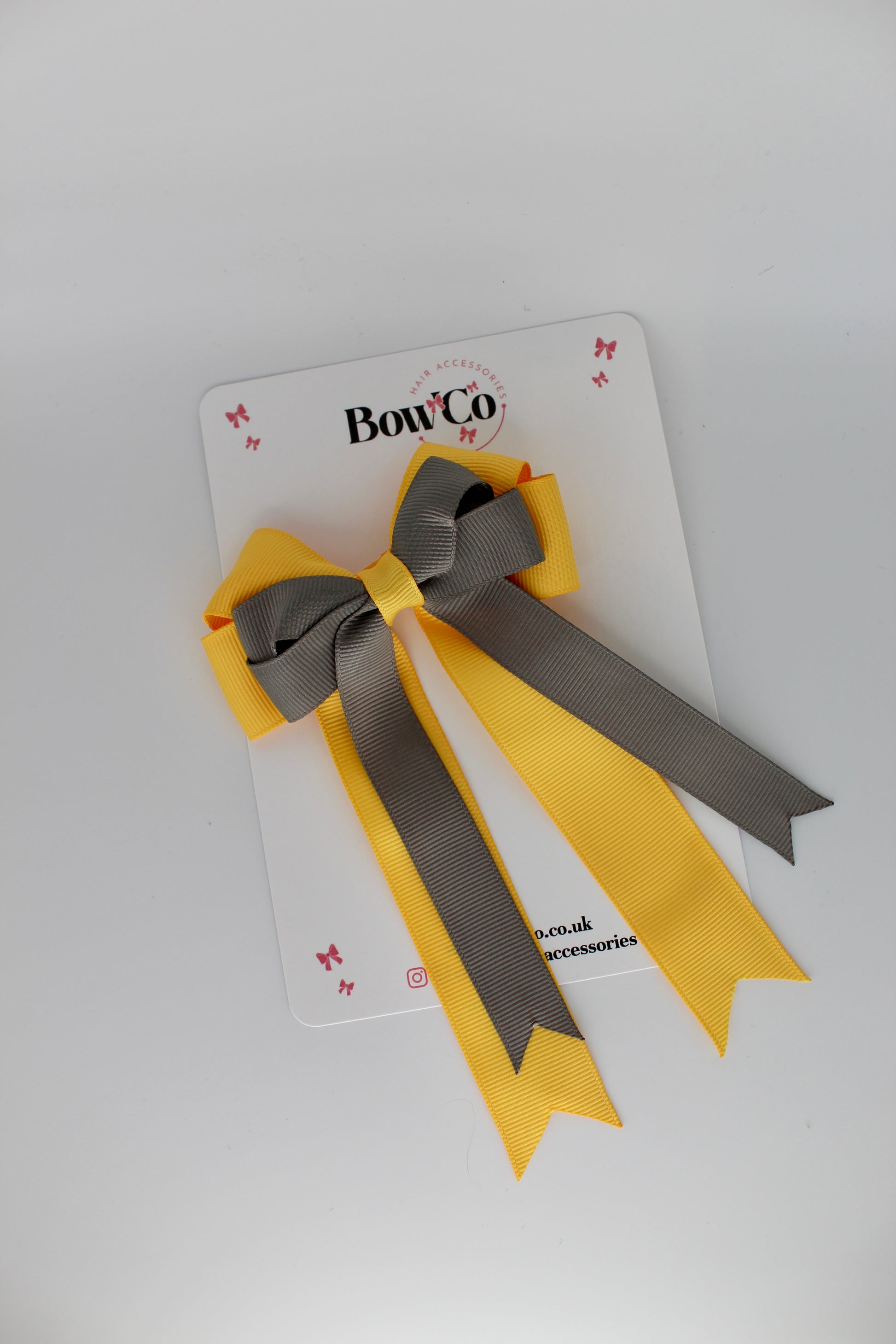 4.5 Inch Ponytail Double Bow - Metal Grey and Yellow