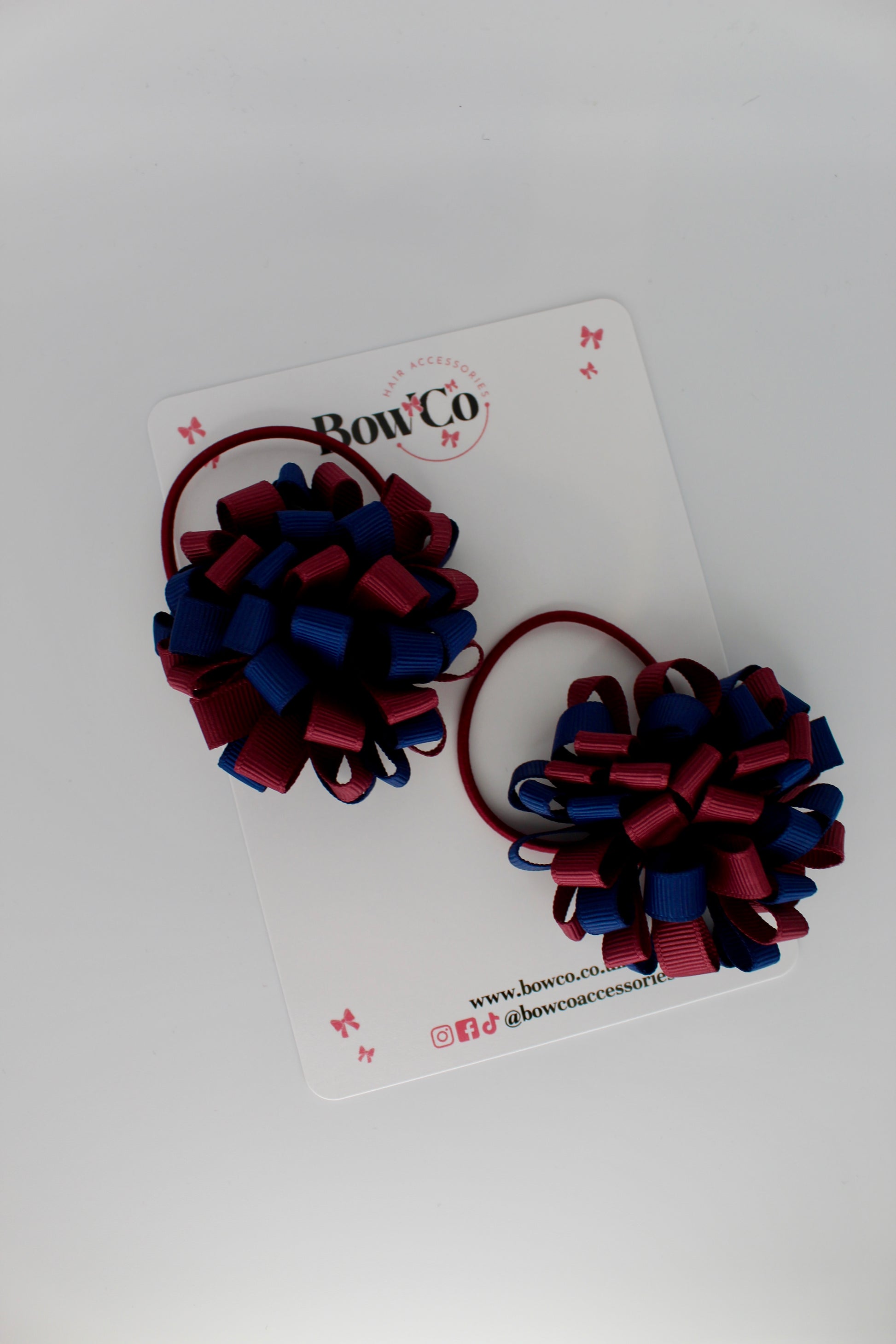 Pom Pom Bow Set - Elastic - Navy Blue & Burgundy