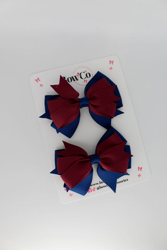 Navy Blue & Burgundy - Double Tail Bow Set - Clip