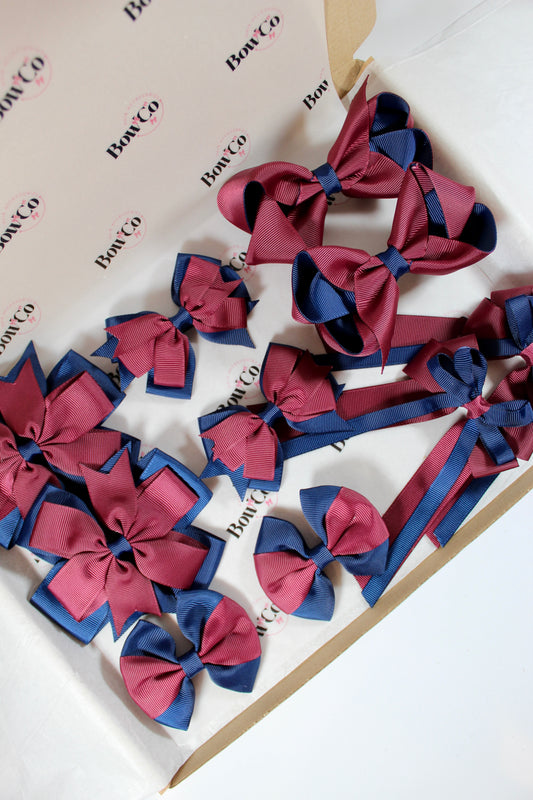 School Bundle 10 Bows - 5 Matching Pairs - Navy & Burgundy