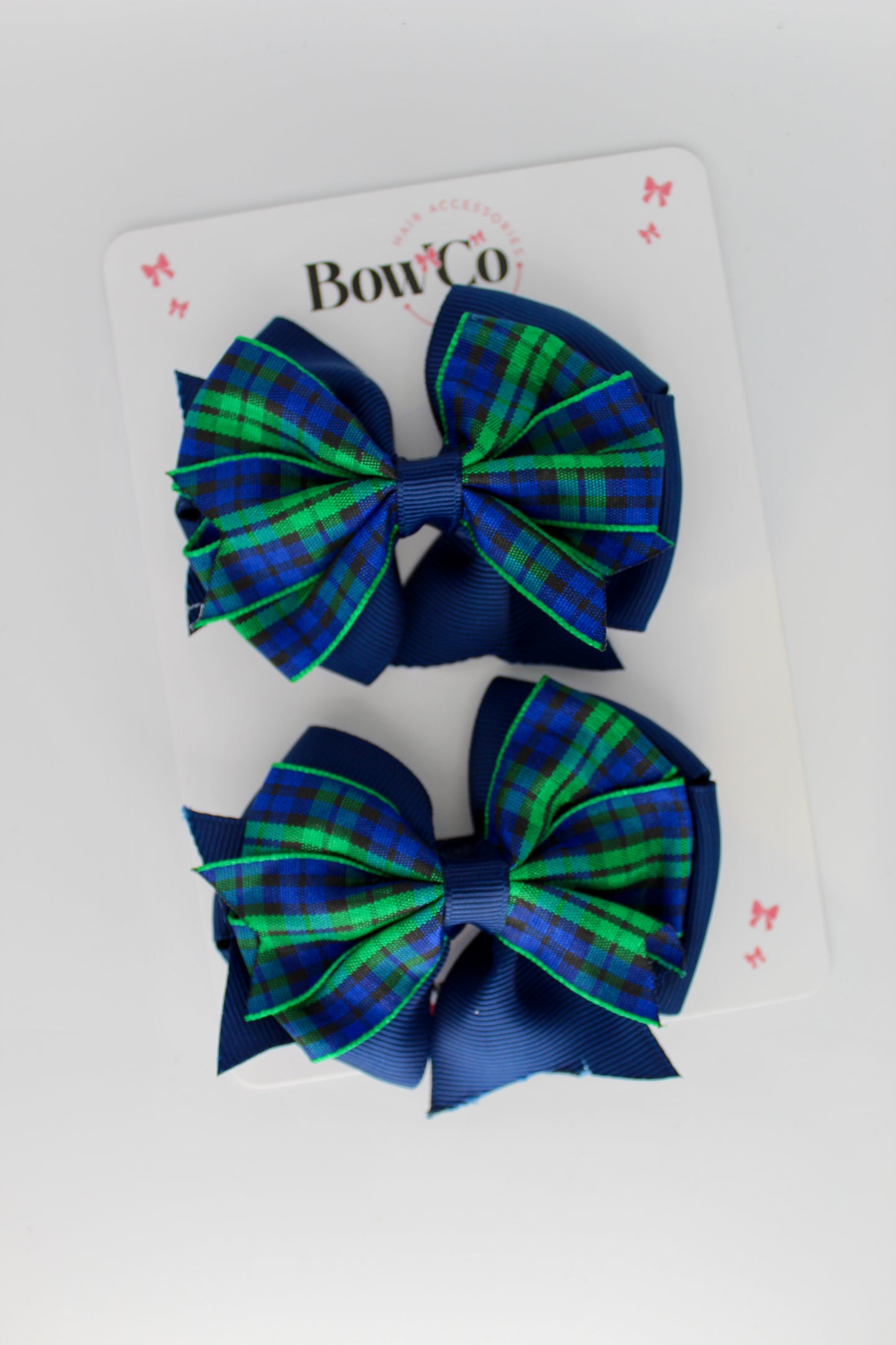 Double Tail Navy Tartan Hair Bow Set - Clip