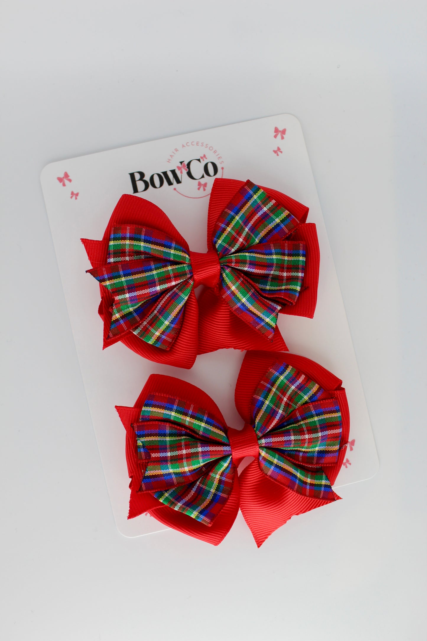 Double Tail Tartan and Red Classic Hair Bow Set - Clip