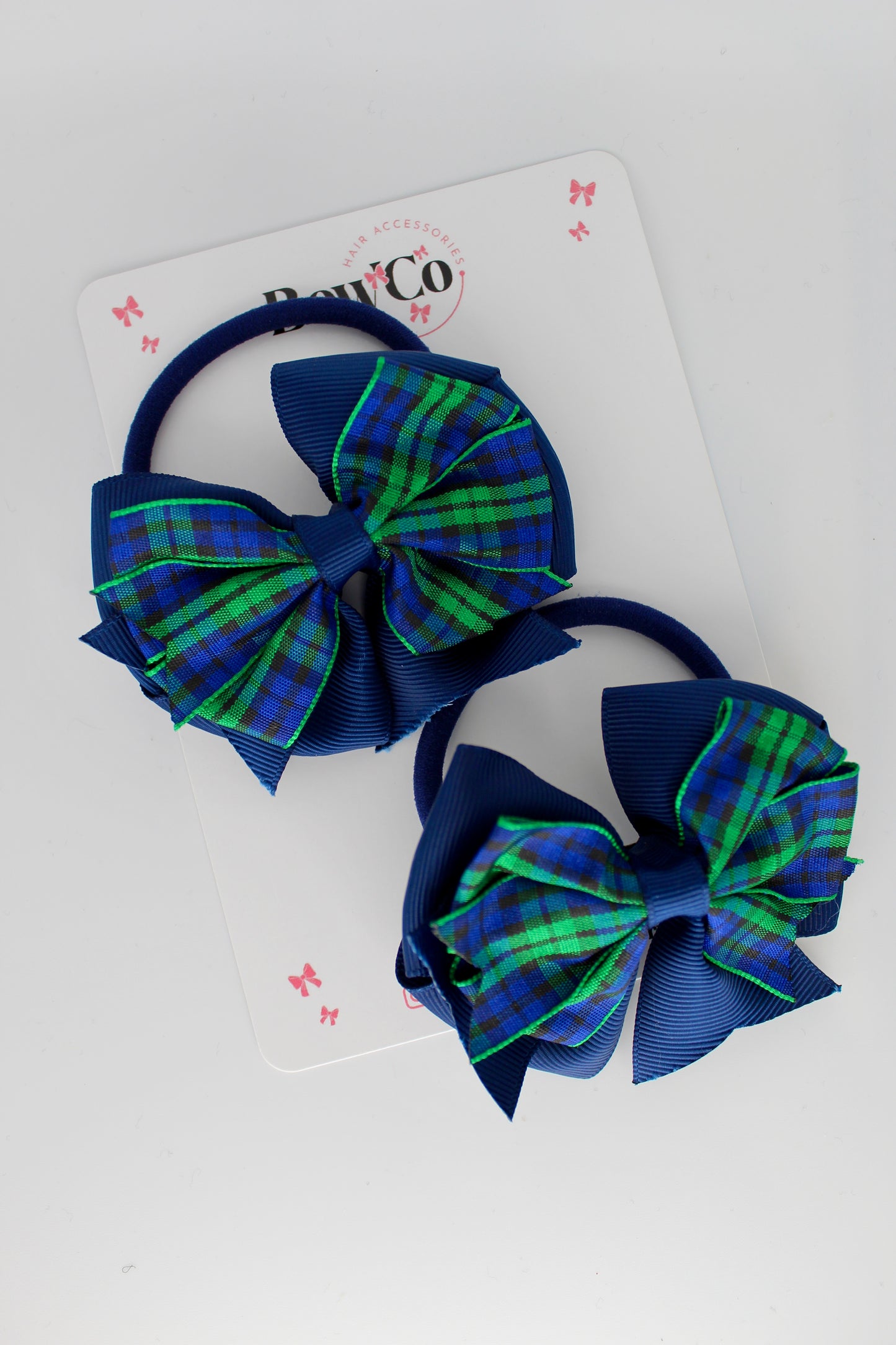 Double Tail Navy Tartan Bow Set - Elastic