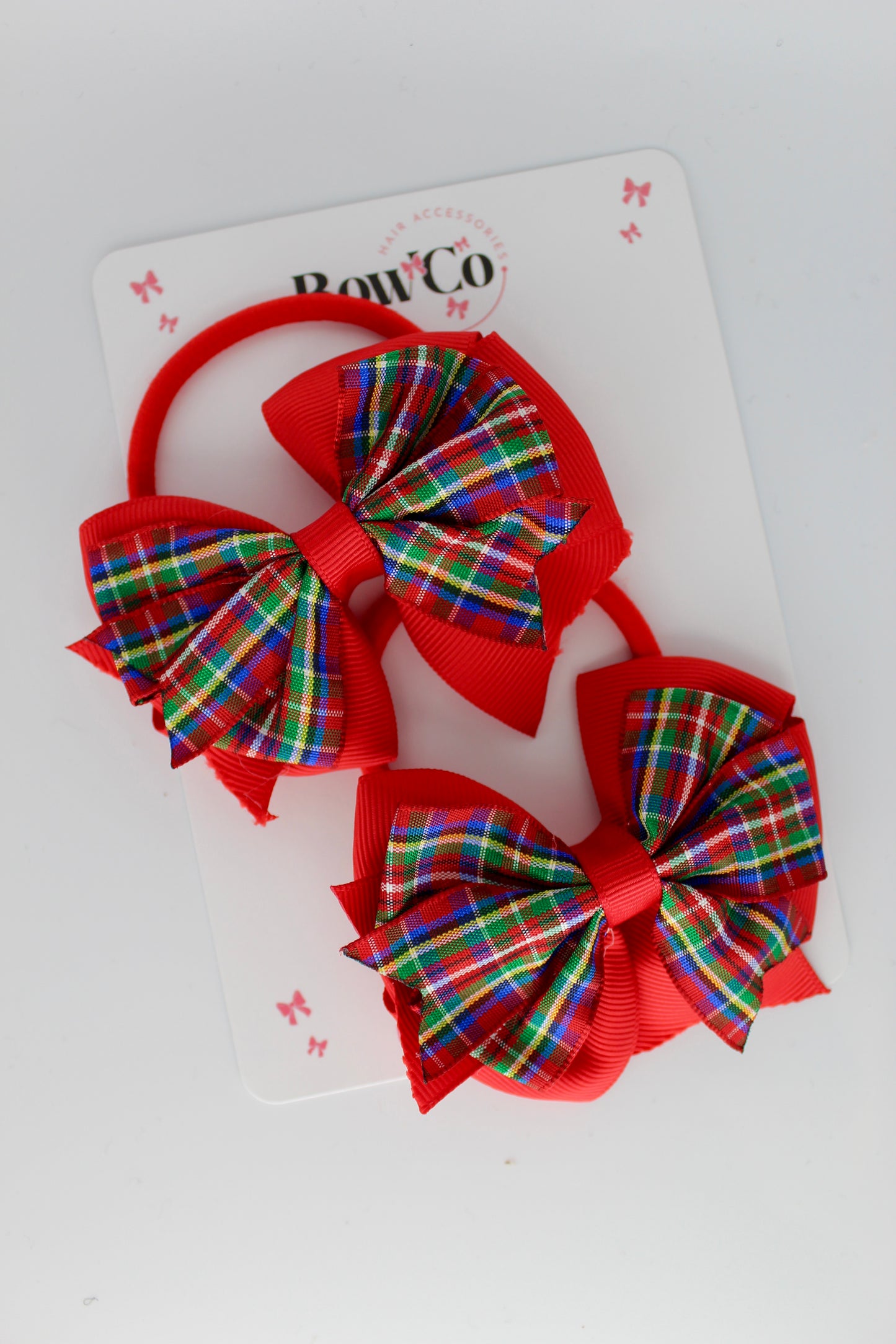 Double Tail Tartan and Red Classic Hair Bow Set - Elastic