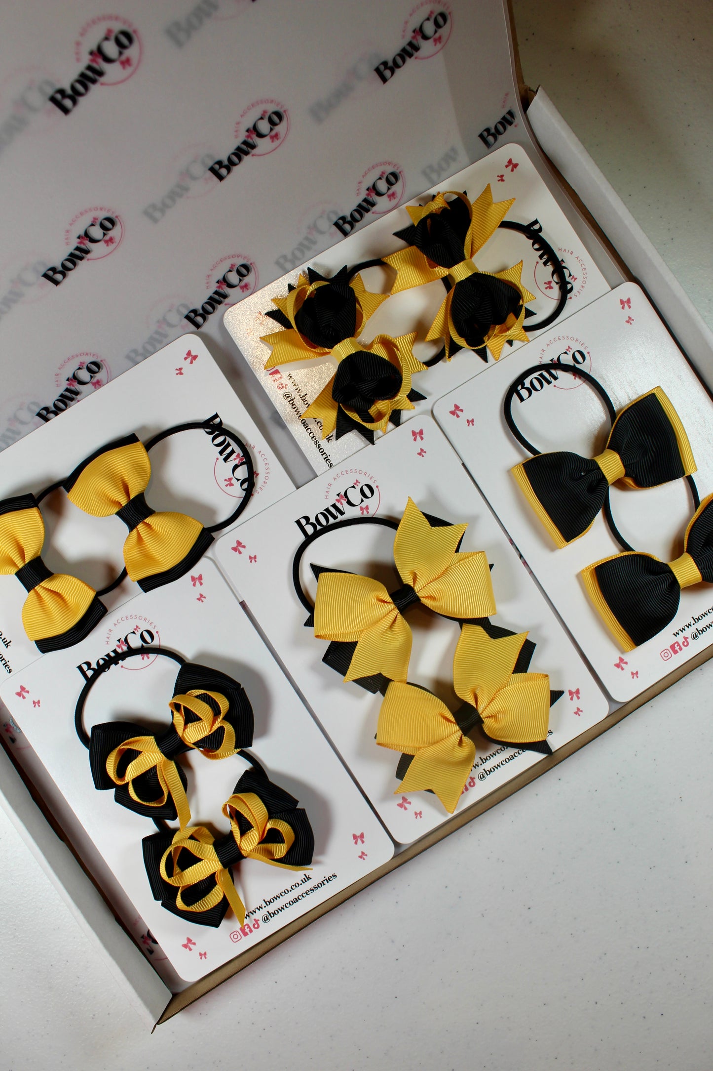 School Bundle 10 Bows - 5 Matching Pairs - Black and Yellow Gold - Elastic