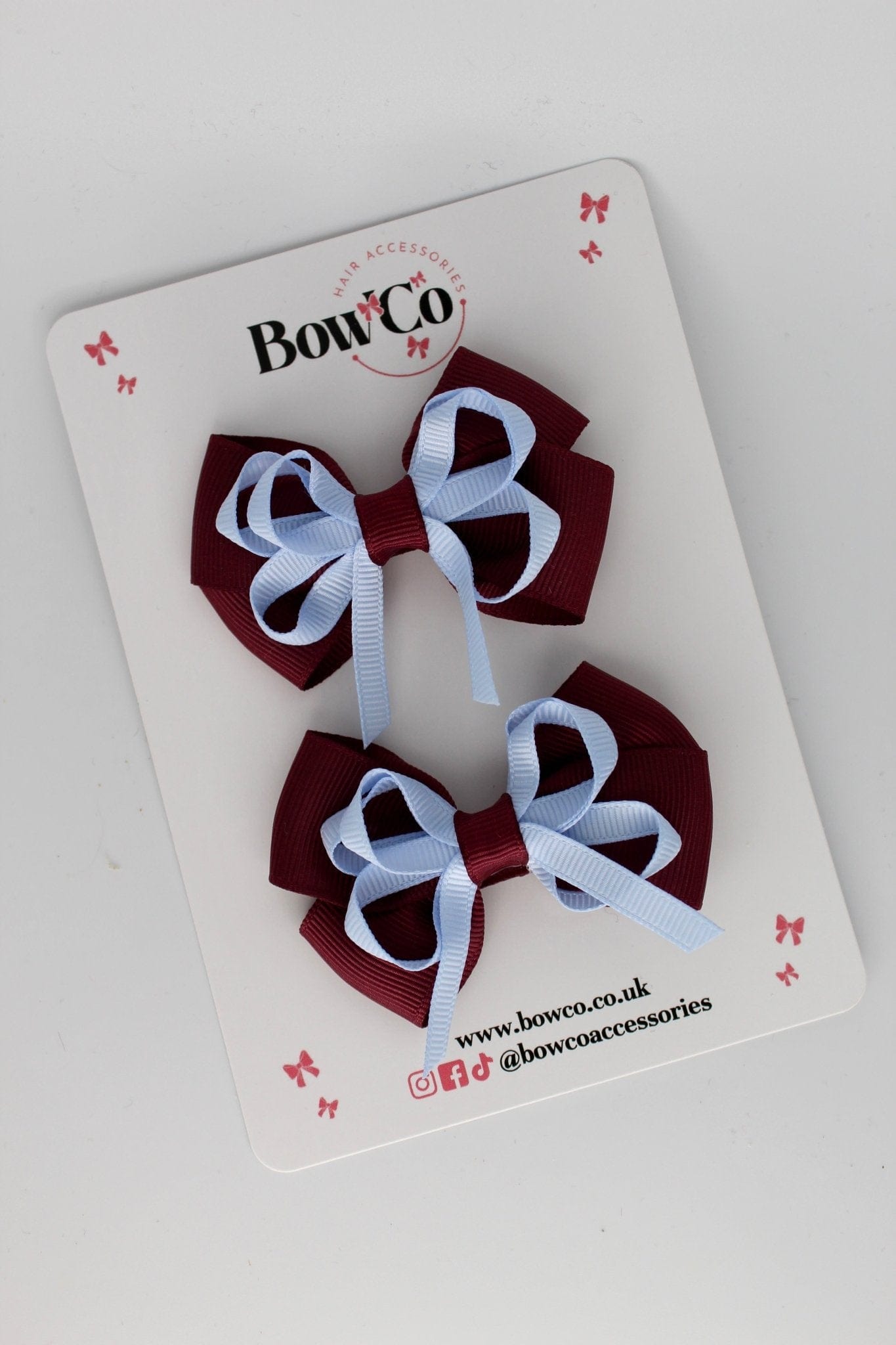 Double Bow Set - Clip - Burgundy and Bluebell