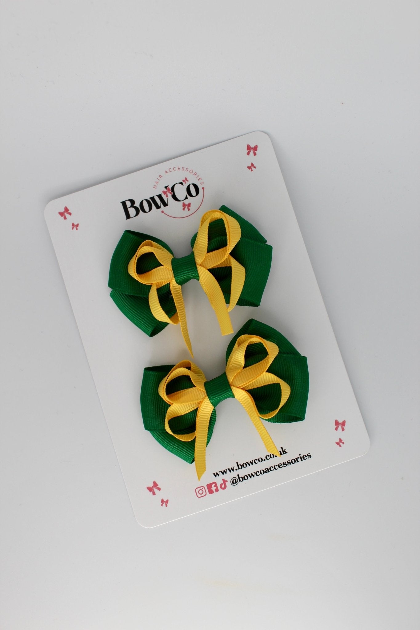 2.5 Inch Double Bow Clip - 2 Pack - Forest Green and Yellow Gold