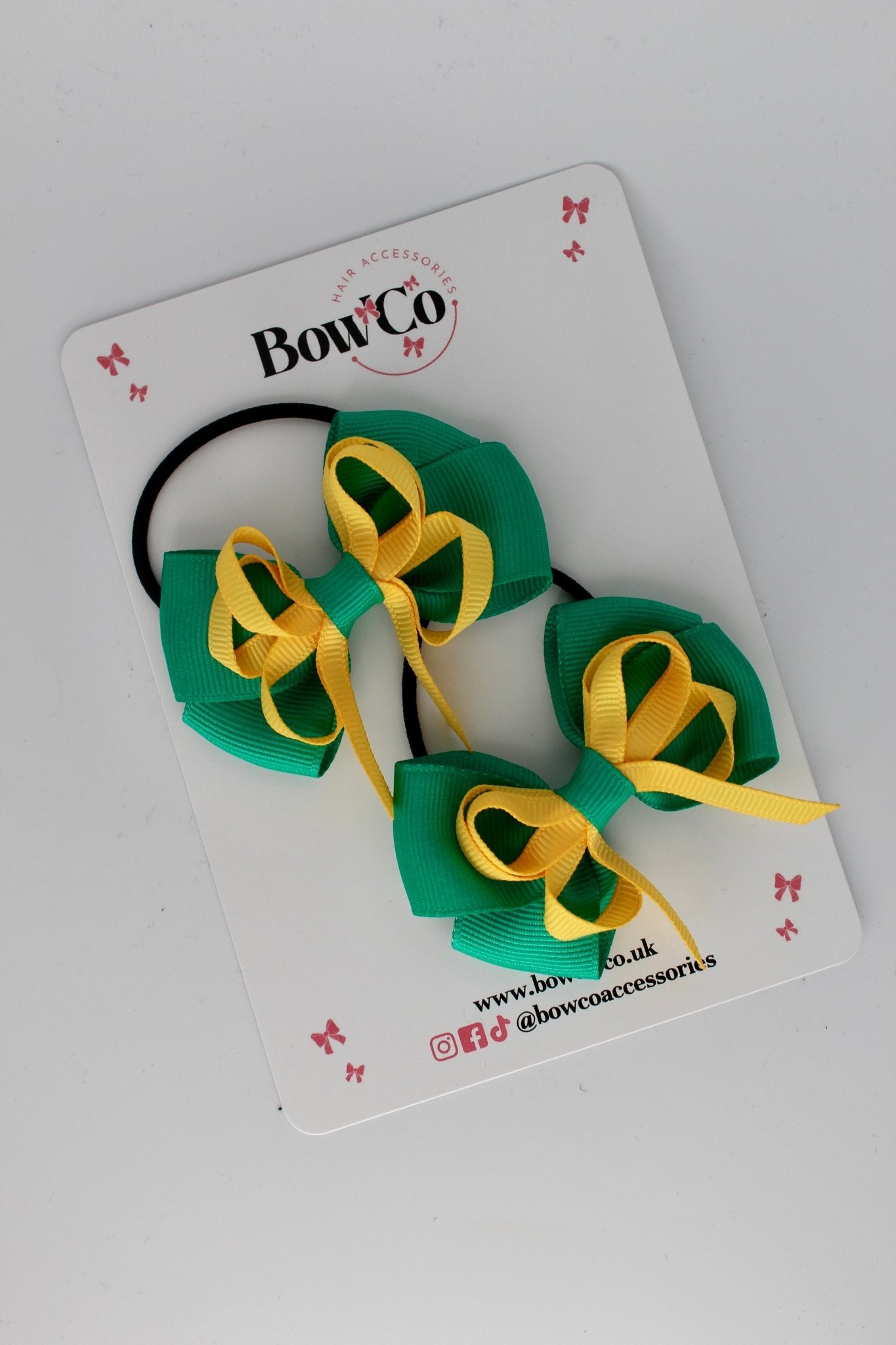 2.5 Inch Double Bow Bobble - 2 Pack - Parrot Green and Yellow Gold